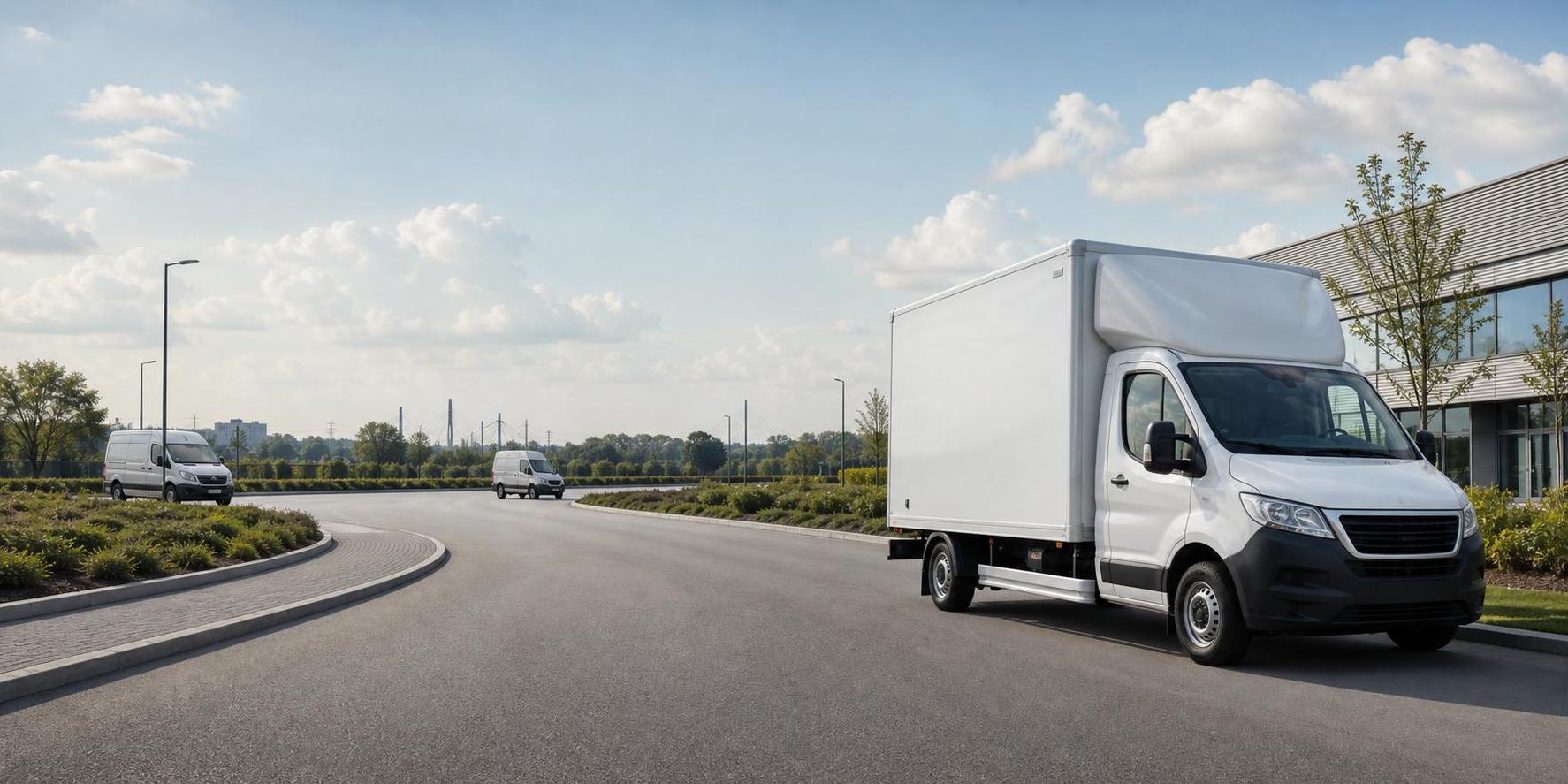 Clean white Luton van leading a small hire fleet on a modern road near Dartford with open space for hero text