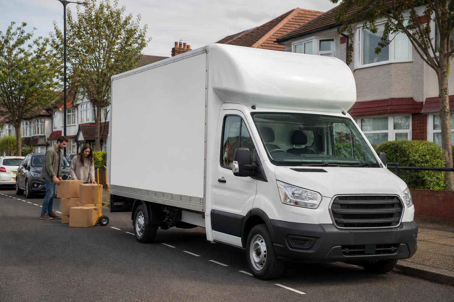 White Luton hire van on a residential street in Bexleyheath with customers preparing boxes for a house move