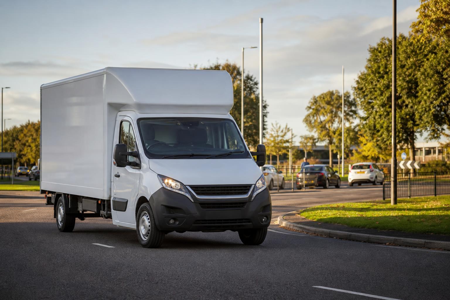 White Luton hire van on a suburban road in Swanley near a commuter route